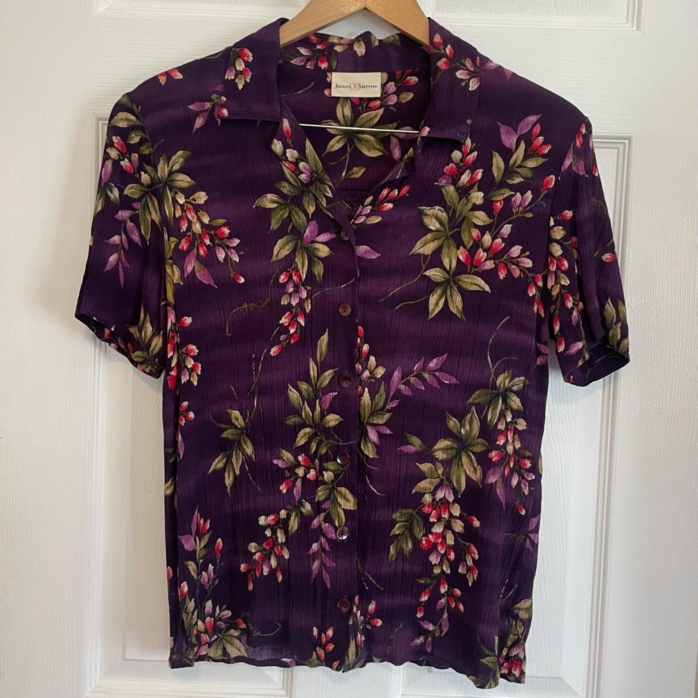 Purple Vintage Floral Short Sleeve Button Up Shirt Jaclyn Smith Collar Tropical